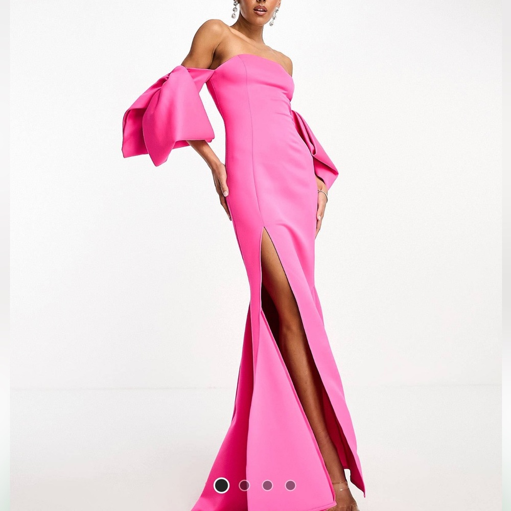 Off shoulder body con maxi gown with exaggerated bow sleeves in hot pink